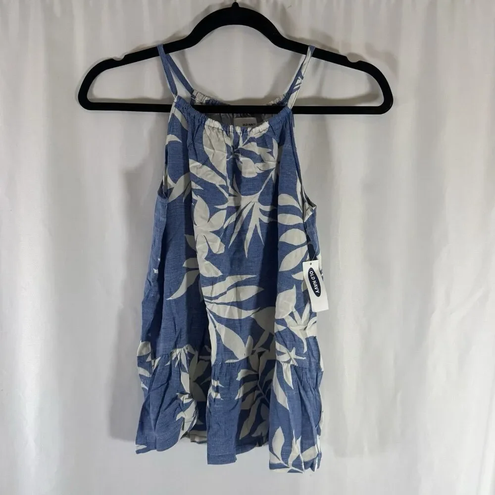 New Old Navy Tank Top Girls XL 14 Blue White Floral Peplum Lightweight Sleeveles